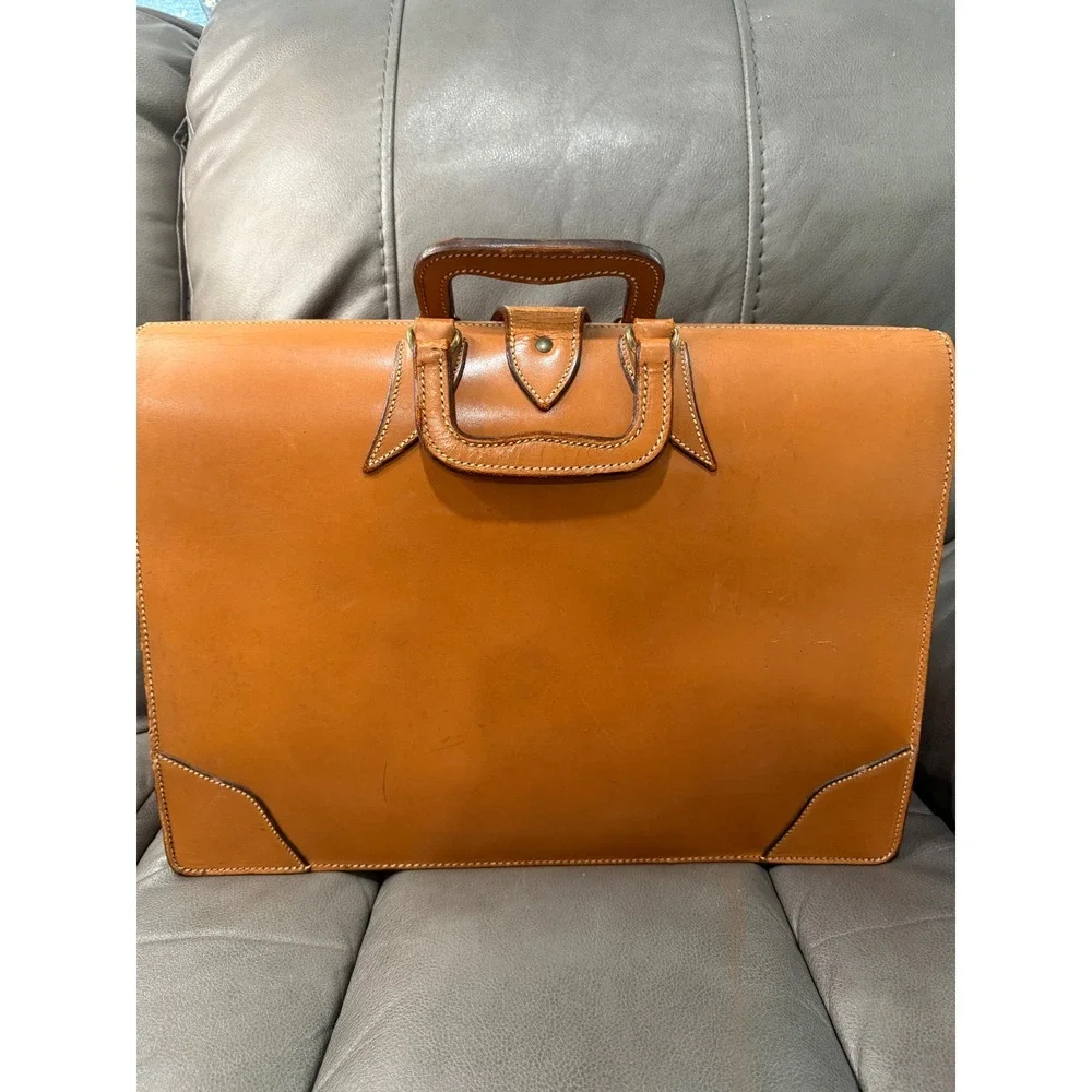 Vintage Tan Leather Briefcase Brass Lock Accordion Document Bag  H.S.‎